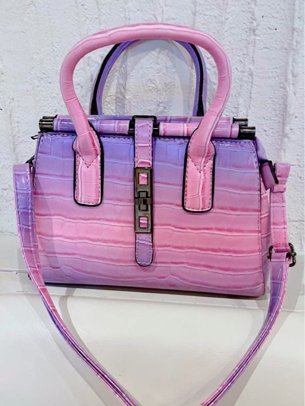 NWOT Pink & Purple Gradient Croc-Texture Satchel Bag